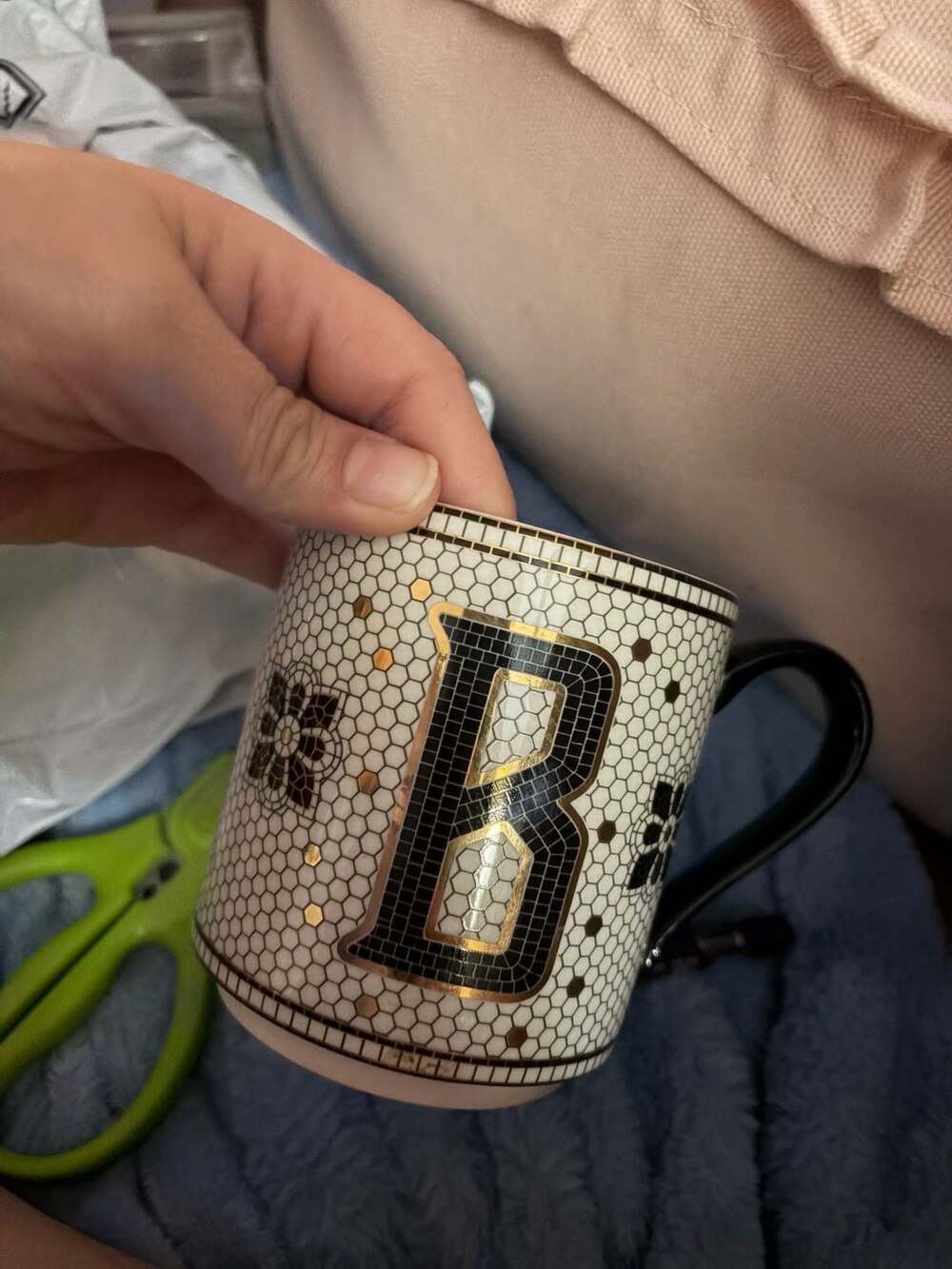 Anthropologie Bistro Tile Margot Monogram B Stoneware Coffee Mug